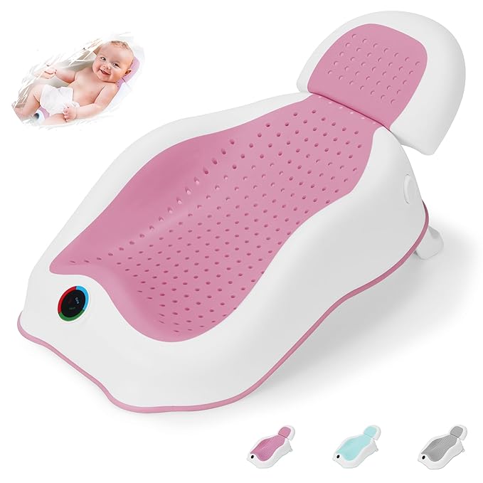 Baby Bath Support,Ideal for Babies Less Than 6 Months Old,with Thermometer-Adjustable Slope Newborn Bathtub, Baby tubs for Baby tubs for Newborn Essentials Must Haves (Pink)