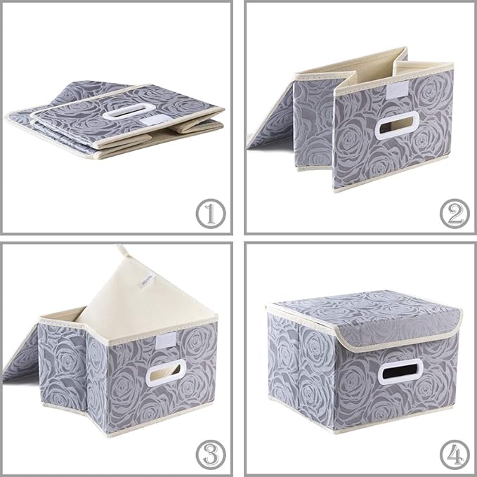 PRANDOM Stackable Storage Boxes with Lids [5-Pack] Fabric Decorative Storage Bins Cubes Organizer Containers Baskets with Cover Handles Divider for Bedroom Closet Living Room Grey 9.8x7.9x6.7 Inch