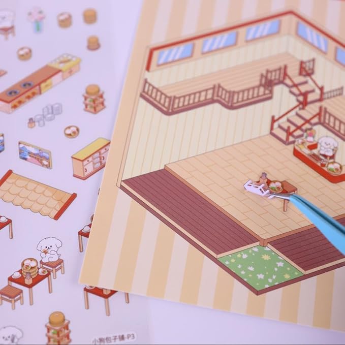 20 Sets DIY 3D Sticker Scenes for Adults with Tweezer, Kawaii 3D House Miniature Sticker Therapy, Make Your Own Mini Room Scene Collection Book for Adult Kids Relief Stress Pass The Time