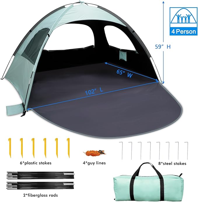 WhiteFang Beach Tent Anti-UV Portable Sun Shade Shelter for 3/4/6/8 Person, Extendable Floor with 3 Ventilating Mesh Windows Plus Carrying Bag, Stakes and Guy Lines