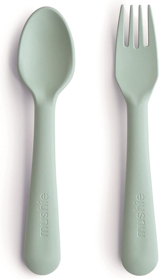 mushie Flatware Fork and Spoon Set For Kids | Made in Denmark (Sage)