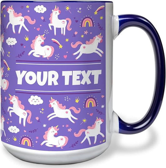 Personalized Mug for Kids - Purple Unicorn - Custom Name/Text, Ceramic Hot Chocolate/Cocoa/Coffee Cup for Girls, Birthday/Christmas/Holiday Gift - 15 oz, Navy Blue Handle