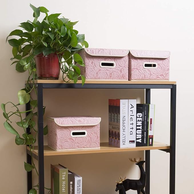 PRANDOM Foldable Storage Boxes with Lids [5-Pack] Fabric Decorative Storage Bins Cubes Organizer Containers Baskets with Cover Handles Divider for Bedroom Closet Living Room Pink 9.8x7.9x6.7 Inch