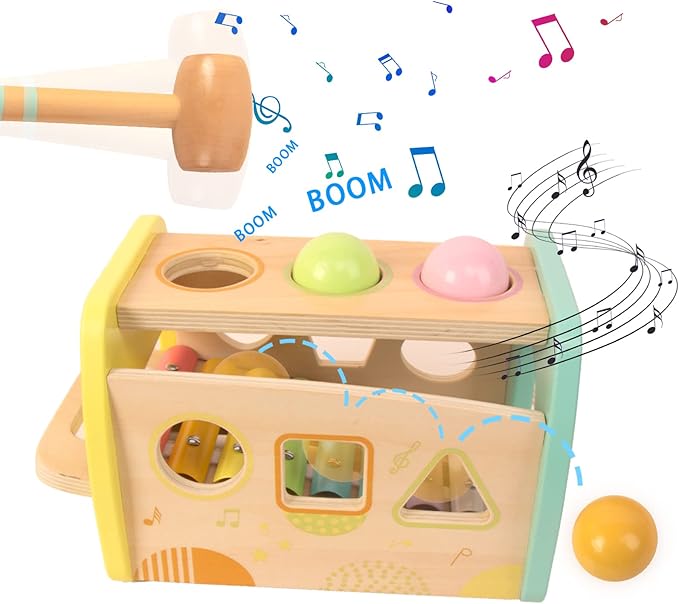 Hammering Pounding Toys Wooden Educational Toy Xylophone Shape Sorter, Birthday Gift for 1 2 3 Years Boys Girls Baby Toddler Kids Developmental Montessori Learning Toy (Yellow)