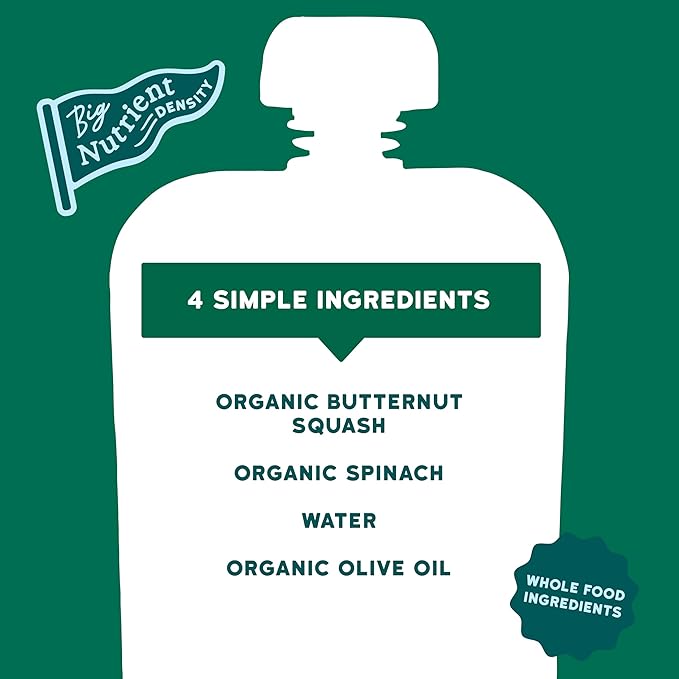 Serenity Kids 6+ Months Veggie Puree Baby Food Pouches - Butternut Squash & Spinach - USDA Organic No Added Sugar Allergen Free BPA-Free - Healthy Toddler Food - 3.5 Oz, 12 Pack