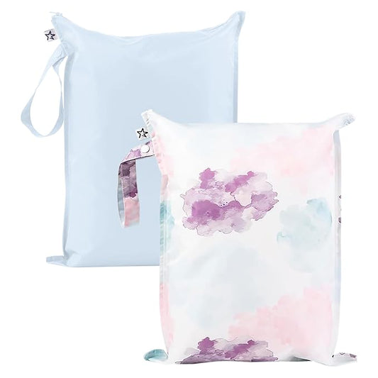 Tiny Twinkle Mess-Proof Waterproof Wet Dry Bag | 2-Pack Reusable Wet Bags for Swimsuits & Baby Clothes | Leakproof Wet Bag for Travel & Diaper Changes for Baby (Cotton Candy)