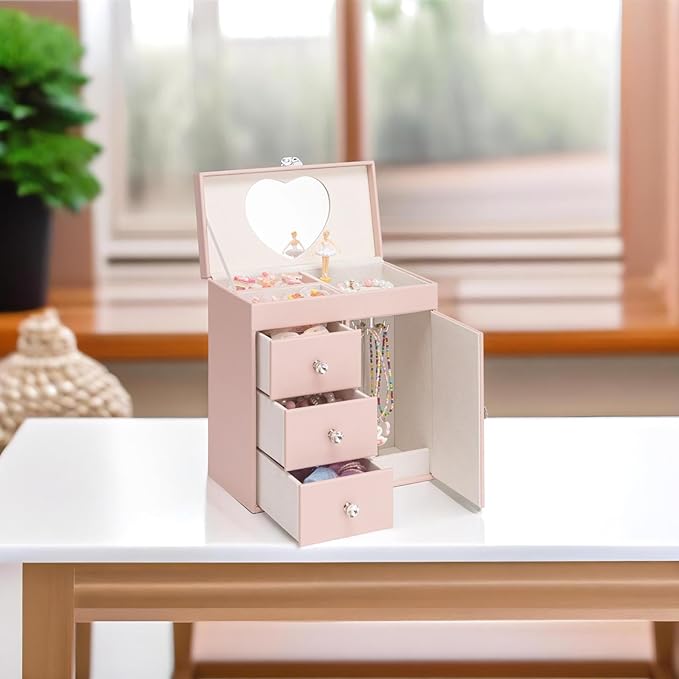 Vlando Musical Jewelry Box with Spinning Ballerina, Girls’ Jewelry Organizer for Necklaces Rings and Hair Accessories, Gift for Girls and Kids, Pink