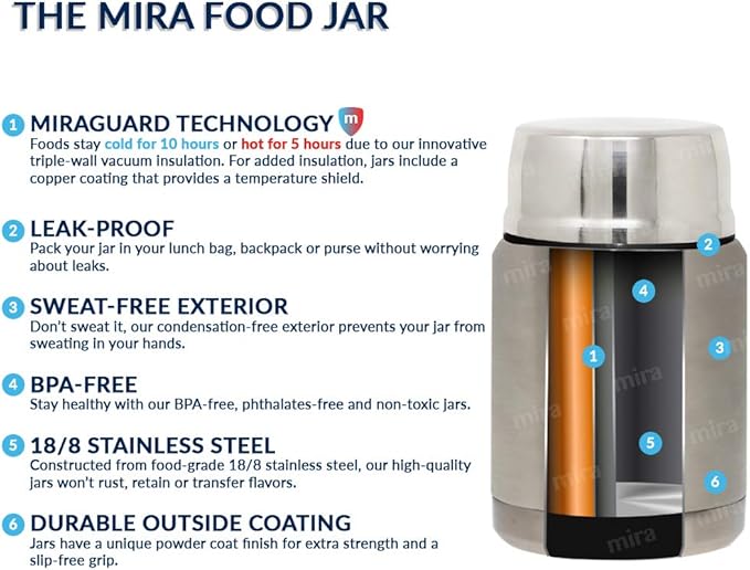 MIRA 15 oz Insulated Food Thermos for hot and cold foods - Leak-Proof Stainless Steel Container with Spoon - Black