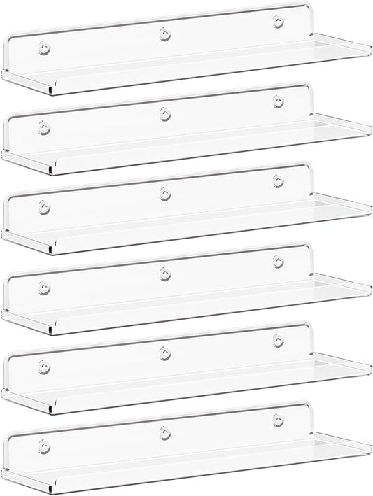 Lifewit Floating Shelves for Wall, 6 Pack 15" Clear Acrylic Shelf Room Decor for Book/Figures/Photo/Makeup in Bathroom, Book Shelf, Living Room, Bedroom, Kitchen Storage and Organization