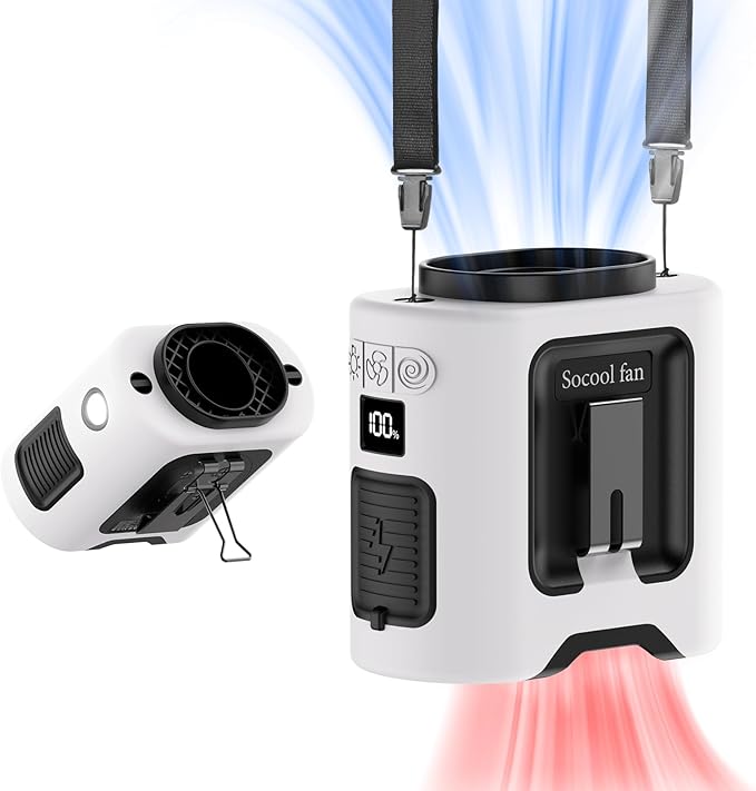 Socool 14500mAh Portable Waist Fan Clip on Belt 360 Rotation Wearable Rechargeable Personal Shirt Fan, 67H Cooling 5-Speed Battery Operated with Light, Neck Fan Hands-Free for Outdoor Jobsite Camping