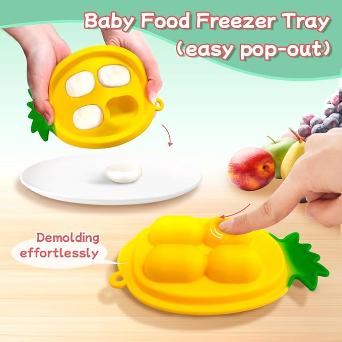 Baby Fruit Food Feeder - Silicone Nibble Tray Combo - Breastmilk Popsicle Mold for Cooling Relief, BPA Free Mesh Feeder for Infant Self Feeding (Robot Pink + Pineapple)