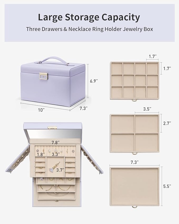 Vlando Jewelry Box for Girls, 4-Tier Jewelry Organizer with Lock, Mirror Jewelry Box for Earring, Ring, Necklace and Bracelets - Purple