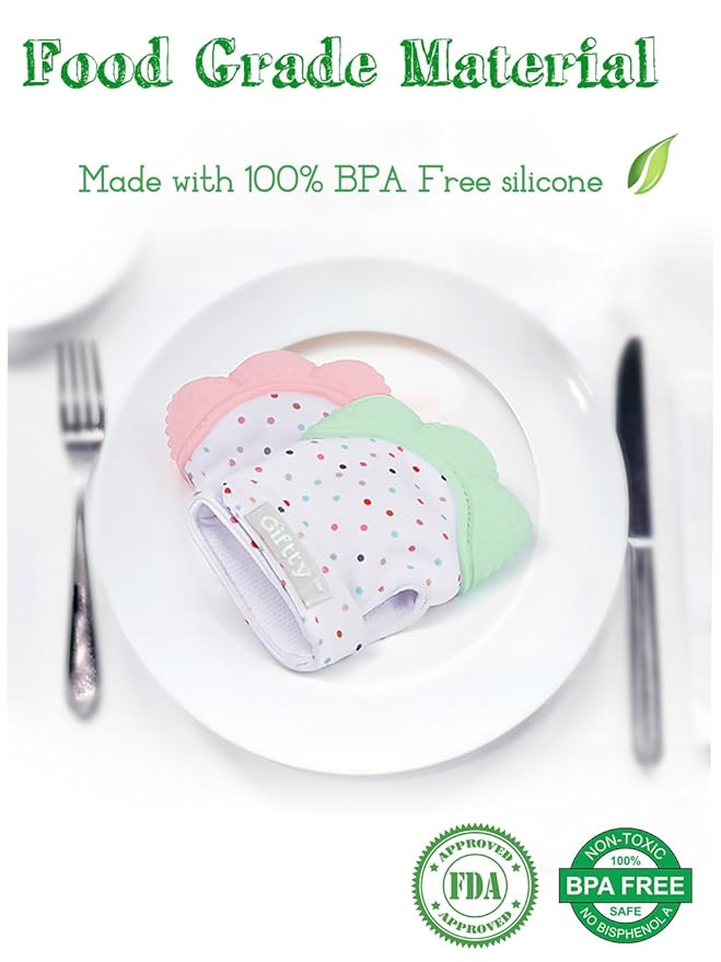 Giftty Baby Teething Mitten, Self-Soothing Teether Glove, Pain Relief Silicone Mitt, Double Breathable, Stay on Baby's Hand, Unisex for Babies 3-12 Months(2 Pink Mittens)