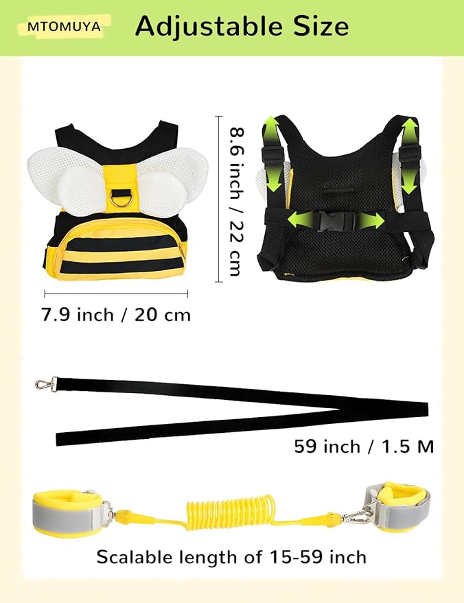 Toddler Harness with Anti Lost Wrist Link - 3-in-1 Baby Safety Leash Backpack, Adjustable Kids Walking Belt with Pocket,Child Locking Wristband for Boys & Girls for Outdoor Travel, Yellow Bee