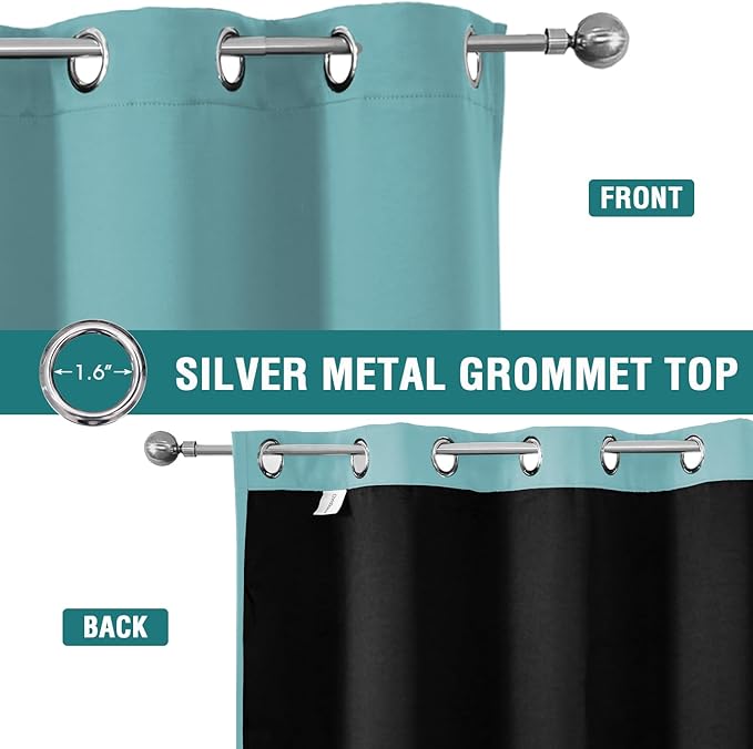 ChrisDowa 100% Blackout Curtains 72 inch Long for Bedroom with Black Liner, 2 Thick Layers Total Blackout Thermal Insulated Grommet Window Curtains 2 Panels Set (Aqua, 42 x 72 Inch)