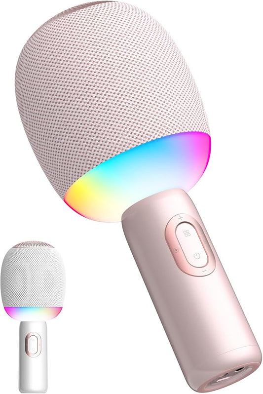 Wireless Bluetooth Karaoke Microphone, 5-in-1 Portable Handheld Mic Speaker with Dynamic Lights, Karaoke Microfono for Car Travel Home Party, Music Record, Duet Singing Gifts for Adults Kids (Pink)
