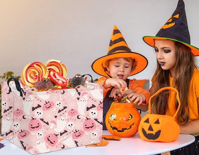 HIYAGON Rectangular Halloween Basket for Boys and Girls Kids Trick or Treat Pumpkin Basket for Halloween Parties Cute Storage Bin Organizer Box Room Decor(Pink ghost pumpkin)