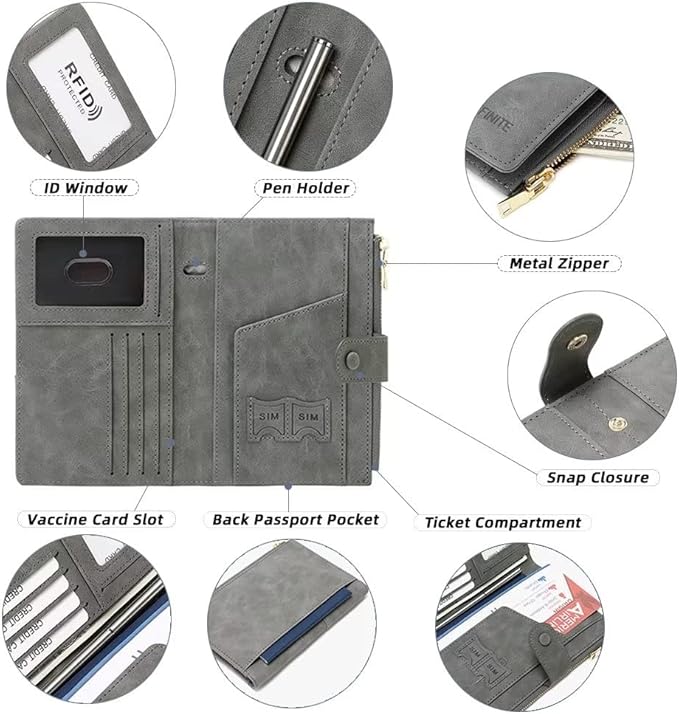 Mudono Passport and Card Holder for Women RFID Blocking Card Case Slim Travel Wallet Change Purse with Vaccine Card Slot