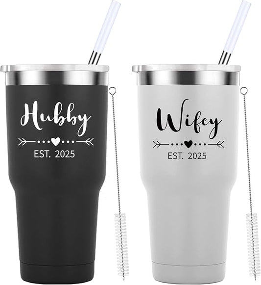 Mamihlap Hubby & Wifey Est 2025 Travel Mug 30oz Tumbler.Valentine’s Day Gifts.Anniversary Wedding Engagement Gifts.Gift for Couple Her Him Bridal Shower Husband Wife Newlywed Couple.(Black&White)
