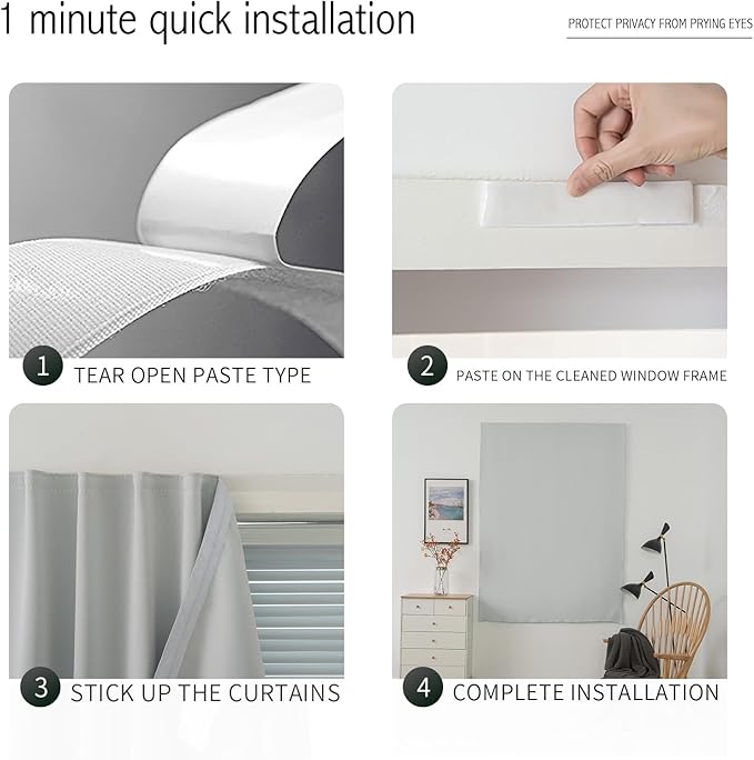 self Adhesive Curtains Portable Blackout Curtain Simple and Easy to Install Bedroom Window Thermal Lnsulated Kitchen Room Darkening Black Small Drapes, 47" W X 59" L, White, 1 Panel