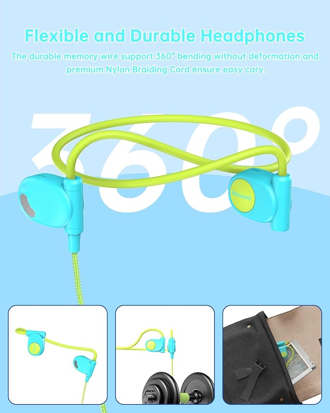 Kid Headphones for School, Air Conduction Open Ear Headphones, 3.5mm Jack Wired Cord, Ultra-Comfort, Ergonomic and Lightweight Design Perfect for School and Outdoor Activities-Blue Green