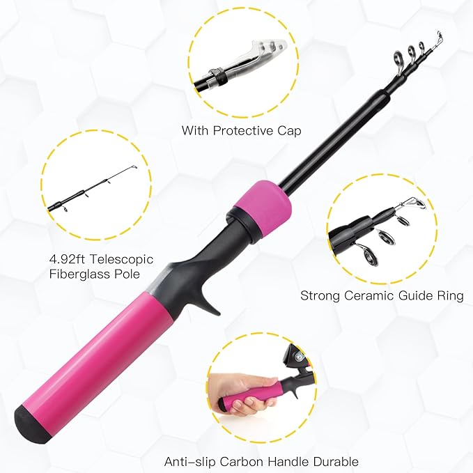 Kids Fishing Pole Kit, 59'' Telescopic Rod and Reel Beginner Combo with Spincast Reel,Tackle Box, Carrier Bag,Fishing Gear for Boys,Girls, Toddler,Youth