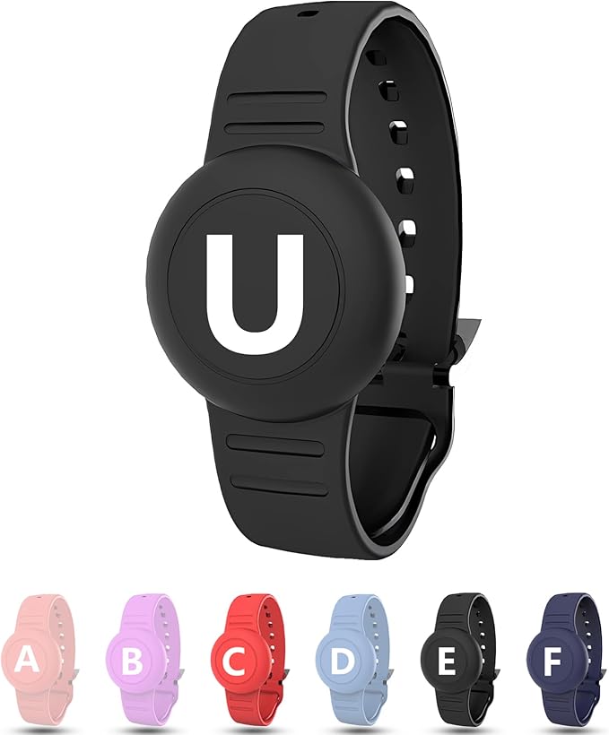 Waterproof Bracelet for AirTag Kids, Personalized Initial Letter Hidden Holder Compatible with Air Tag, Silicone Case for Airtag Adjustable Anti-Lost GPS Tracker for Toddler Child Elder, U