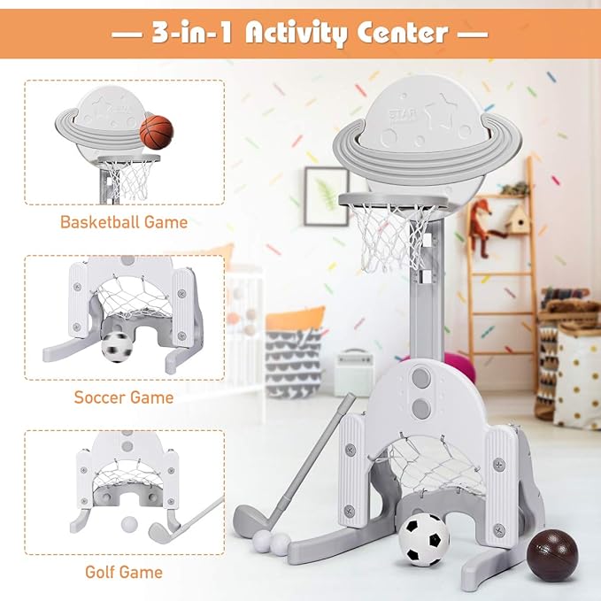 Costzon Kids Basketball Hoop, Toddler Sports Activity Center with 5 Adjustable Height Levels, Basketball Soccer Golf Game Set, Indoor Outdoor Basketball Hoop Set Best Gift for Baby Infant