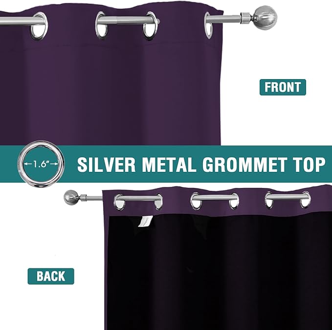 ChrisDowa 100% Blackout Curtains for Bedroom with Black Liner, 2 Thick Layers Total Blackout Thermal Insulated Grommet Window Curtains 2 Panels Set (Royal Purple, 52 x 45 Inch)