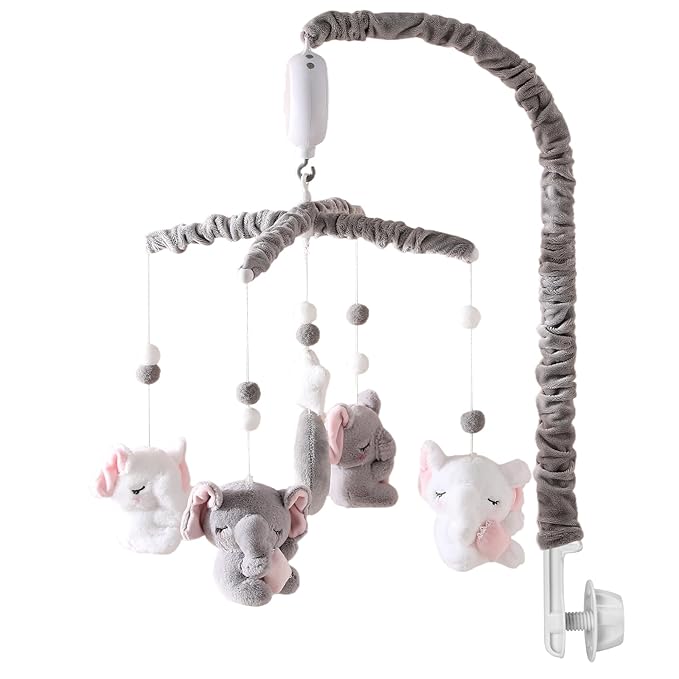 Baby Crib Mobile - Elephant Crib Mobile for Girls with 25 Inches Mobile Arm and 35 Lullabies Musical Box, 3 Modes Digital, Volume Control, Essential Gift for Infant Bedroom Hanging Decor