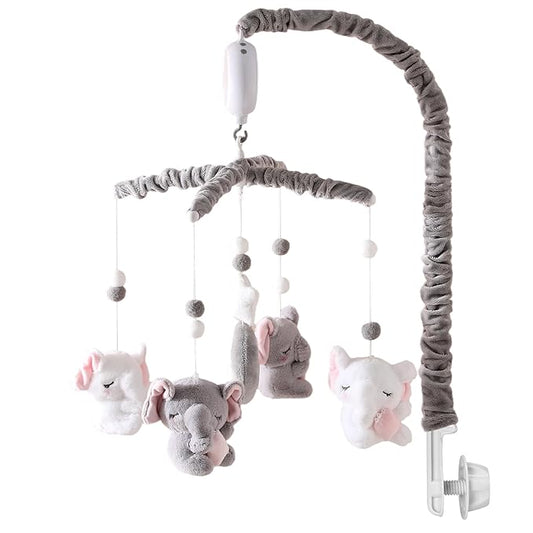 Baby Crib Mobile - Elephant Crib Mobile for Girls with 25 Inches Mobile Arm and 35 Lullabies Musical Box, 3 Modes Digital, Volume Control, Essential Gift for Infant Bedroom Hanging Decor