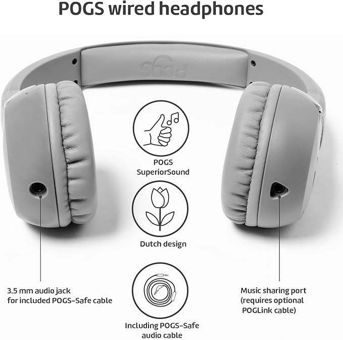 POGS Kids Wired Headphones | The Elephant 2 | Adjustable, Durable Headphones for Kids 3+ | Limited to 85 dB, Microphone | On-Ear | Music-Sharing Function Safe 3.5mm Audio Cable (3.2ft) (rGrey)