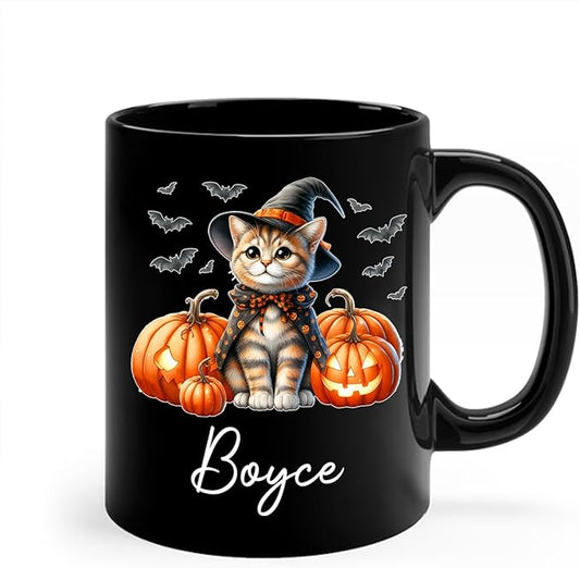 Personalized Ocicat with Pumpkins Halloween Ceramic Cups, Ocicat Wearing Witch Hat Coffee Mug 11oz 15oz, Customized Cat Black Mug with Pet's Name, Halloween Cup Gift for Cat Dad Mom Pet Lover