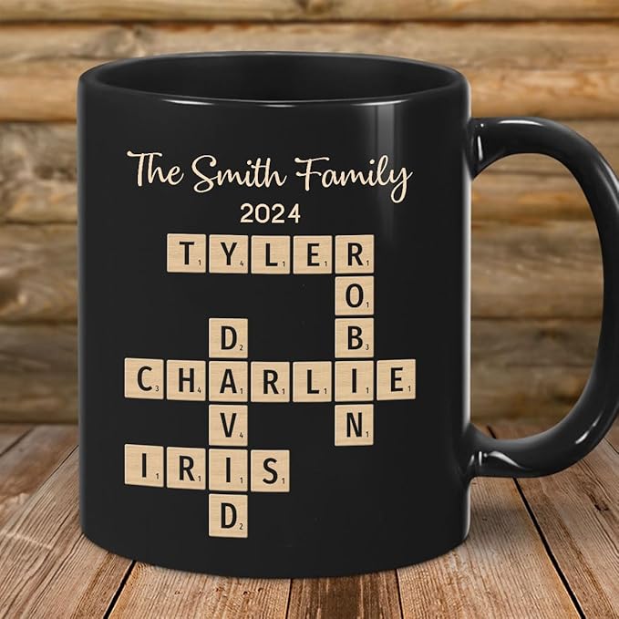 Family Forever Linked Together Custom Names Ceramic Mug, Crossword Puzzle Art, for Birthday, Anniversary or Special Occasions (Family Forever Linked Together Black Mug)