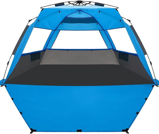 WhiteFang Deluxe Pop Up Beach Tent Sun Shade Shelter for 3-4/5-6 Person, UV Protection, Extendable Floor with 3 Ventilating Windows Plus Carrying Bag, Stakes, and Guy Lines
