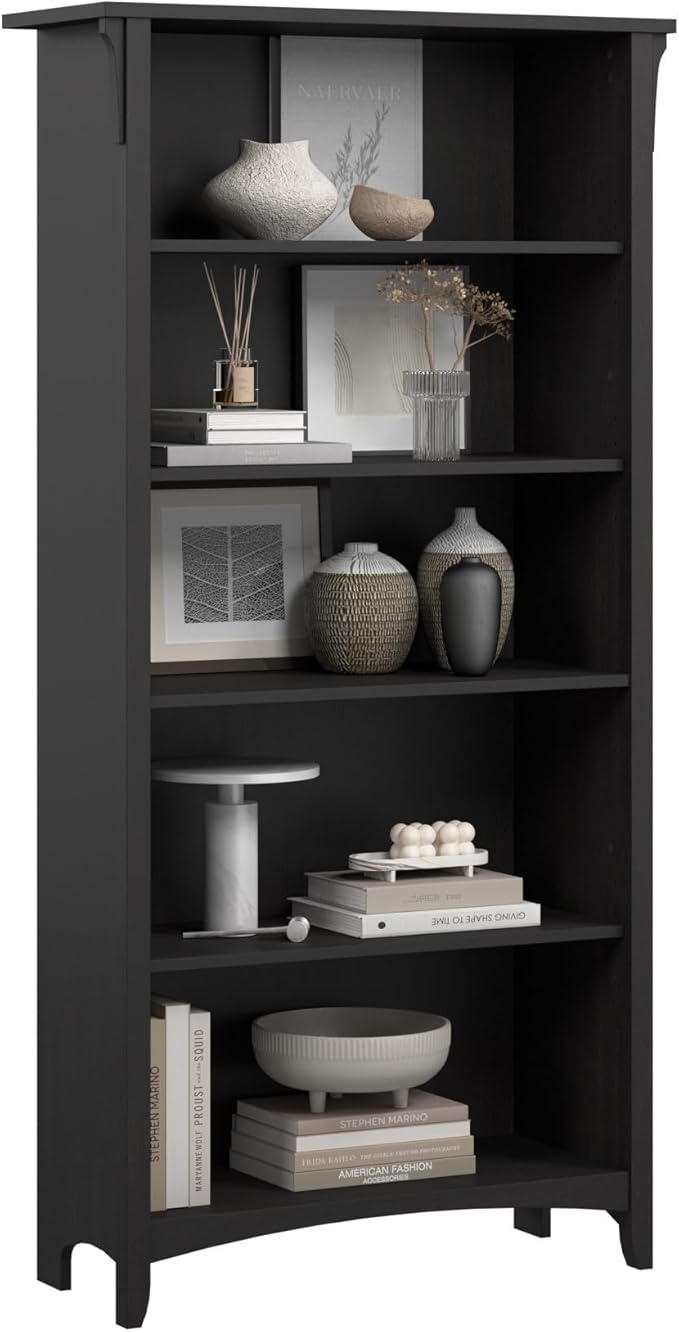 Bush Home Salinas 5 Shelf Bookcase in Vintage Black, Tall Bookshelf, Large Book by BushHome