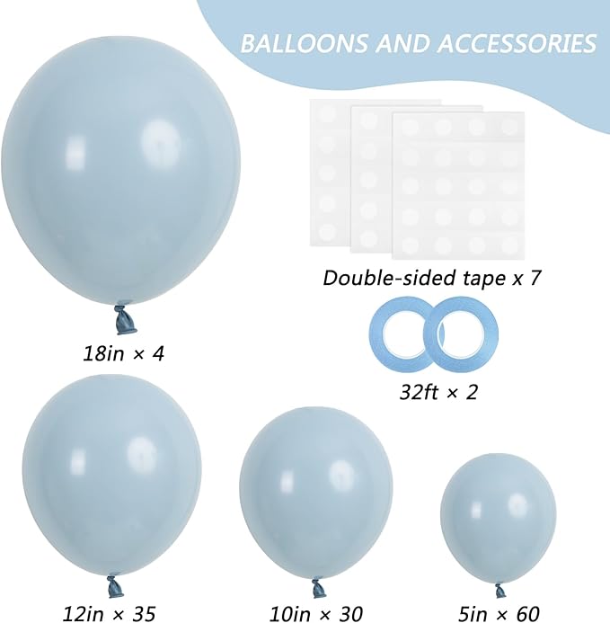 RUBFAC 129pcs Dusty Blue Balloons Different Sizes 18 12 10 5 Inch Latex Haze Blue Balloon Garland Arch for Party Decoration Birthday Wedding Engagements Anniversary Baby Shower Party Supplies