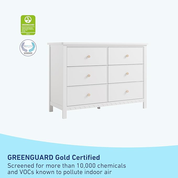 Graco Sasha 6 Drawer Dresser (White) – GREENGUARD Gold Certified, Wood Storage for Nursery or Kids’ Room, Safe Interlocking Drawer System & Easy Assembly with Pre-Installed Tracks