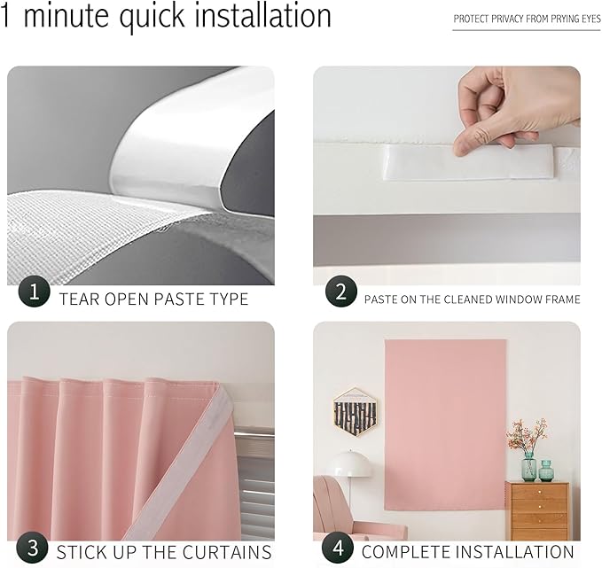 Self Adhesive Blackout Curtains- Stick on Curtains Shades Window Blinds Curtains No Rod Needed Easy to Hang Curtain, Use for Bedroom, Living Room,Roman Shades, 47" W X 59" L, Pink, 1 Panel