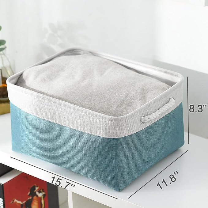 TheWarmHome Fabric Storage Bin with Handles,Storage Basket for Home Storage and Organization, Shelf Basket with Cover for Living Room Bedroom Closet（White & Green Large,15.7L*11.8W*8.3H