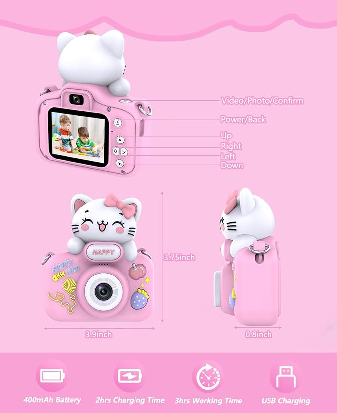 Video Kids Camcocrder, Kids Boys Digital Toddler Camera for 3 4 5 6 7 8 Years Old Birthday Gifts, 1080P Video Camera with Cute Protective Cover & 16GB TF Card, Pink