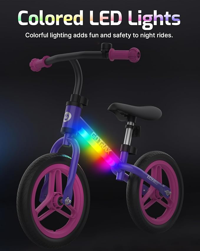 Gotrax KS12 Balance Bike for 2-5 Years Old, 12" Toddlers Bike with LED Light&Bell, Adjustable Soft Seat&Handlebar, Flat-Free Tires&Easy Assembly, Lightweight&No Pedal, Kids Toy Gift for Boys Girls
