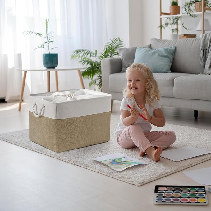 TheWarmHome Organization Basket - 20x16x14 inch Jumbo 3 Pack Collapsible Storage Bins for Shelves, Fabric Storage Cubes for Closet Organizer Gift Toy (White & Khaki)