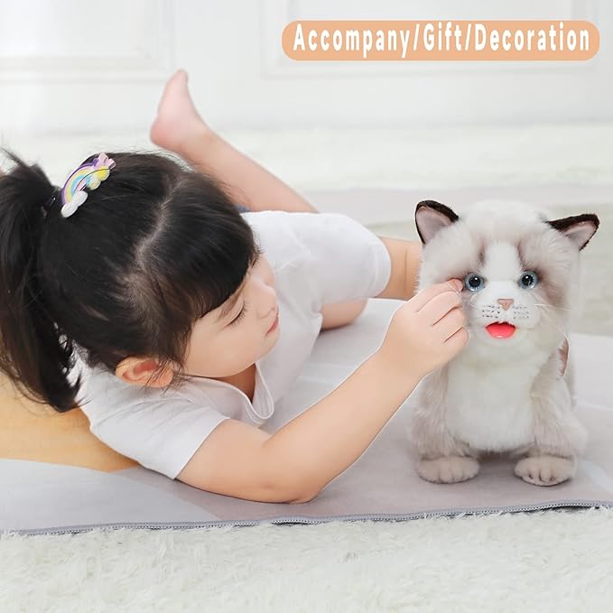 CU-MATE Interactive Pet Ragdoll Cat,Electric Plush Toy Cat,Robot Stuffed Cat with Walking/Nodding/Tail Wagging/Barking/Drinking Milk, Gift for Girls Boys