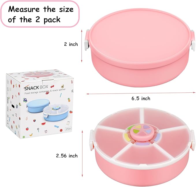Kids' Rotating Snack Container Set – 2-Pack, Includes 1 Rotating Snack Container & 1 Round Sectioned Snack Box, BPA-Free, Dishwasher Safe, Perfect for Travel-Pink