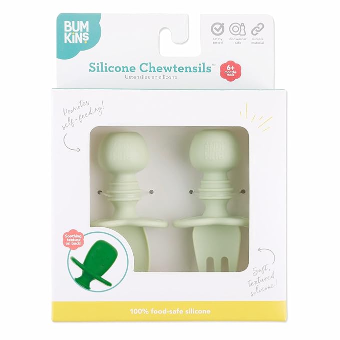 Bumkins Baby Utensils Set, Chewtensils Silicone Spoons for Dipping, Self-Feeding, Baby Led Weaning, Trainer Learning, First Stage Eating, Soft Practice Fork and Spoon, Babies 6 Months, Sage Green