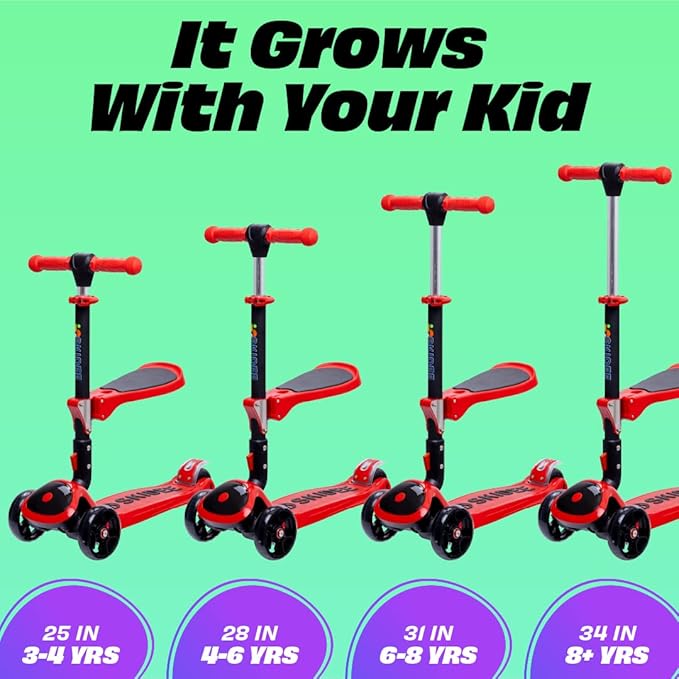SKIDEE Kick Scooters for Kids Ages 3-5, Adjustable Height Foldable Scooter with Removable Seat, 3 LED Light Wheels, Rear Brake, Wide Standing Board, Suitable Up to 12 Year Old Boys/Girls