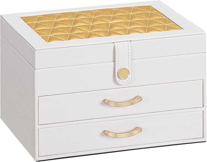 White Jewelry Box Organizer: Home Decor for Women - 2-Drawer Holder for Valentine’s Day Birthday Christmas White Gold