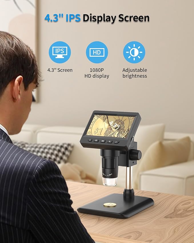 Digital Microscope, Coin Microscope with Light Adjustable Brightness 4.3" HD LCD Screen, 1000X Zoom PC View, Compatible with MacOS & Windows - Black