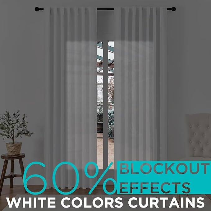 Joydeco 84 Inch 60% Blackout White Curtains 2 Panels, Elegant Semi Sheer Curtains for Bedroom, Thermal Insulated Black Out Drapes for Living Room, Rod Pocket Back Tab Drapes(W52 x L84 Inch,Pure White)